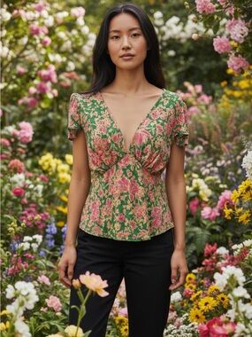Topshop Floral Peplum Blouse Womens US 8  Deep V whimsical Cottagecore coquette